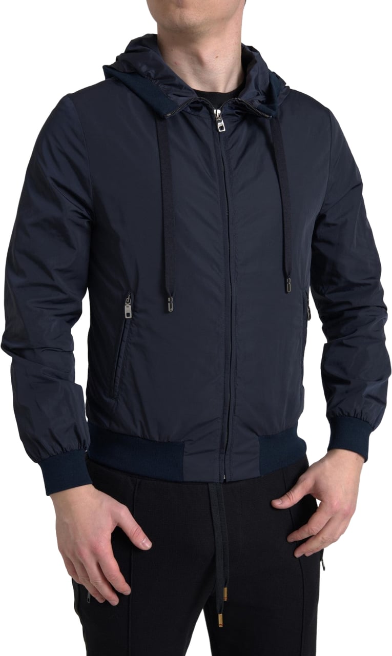 Dolce & Gabbana Blue Hooded Logo Polyester Full Zip Sweater Blauw