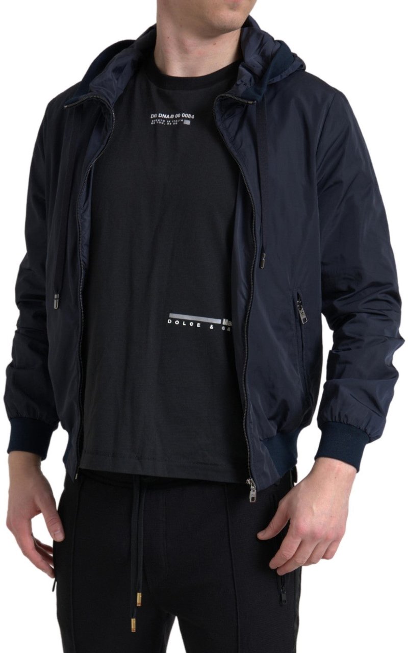Dolce & Gabbana Blue Hooded Logo Polyester Full Zip Sweater Blauw