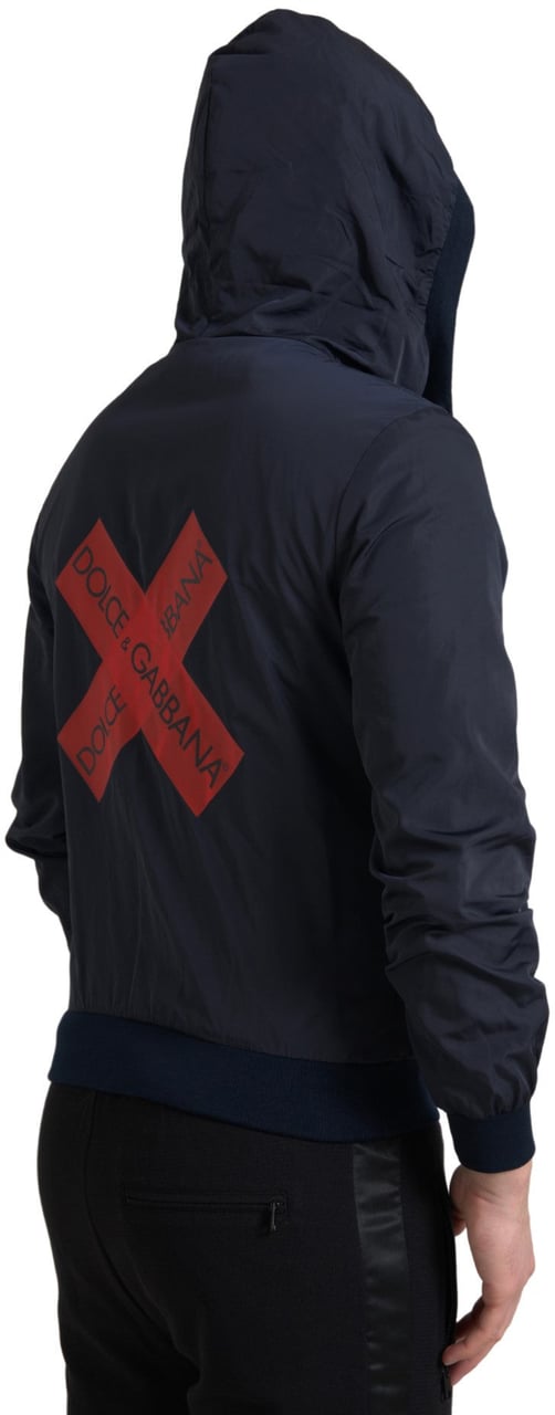 Dolce & Gabbana Blue Hooded Logo Polyester Full Zip Sweater Blauw