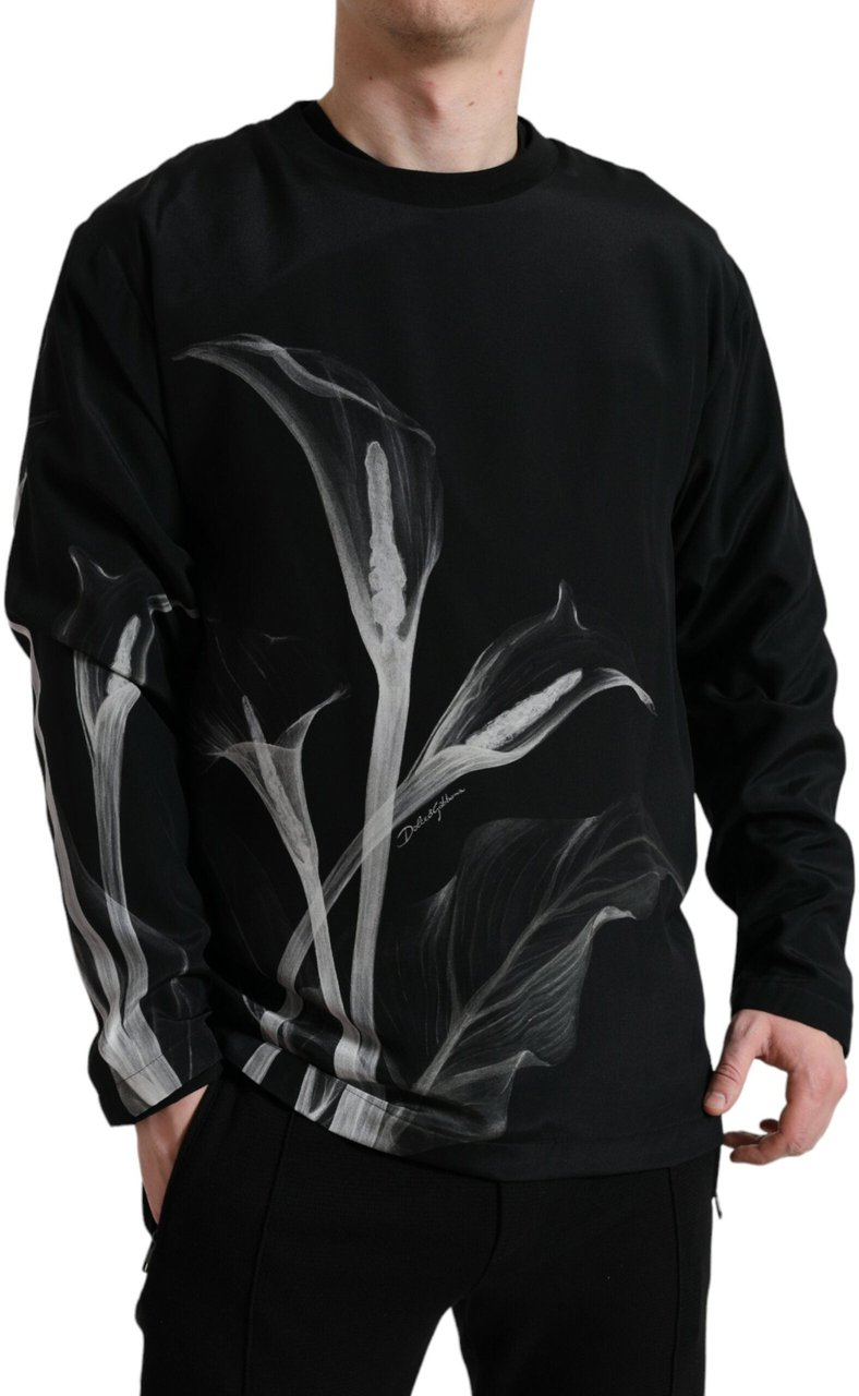 Dolce & Gabbana Black Floral Print Crewneck Pullover Sweater Zwart