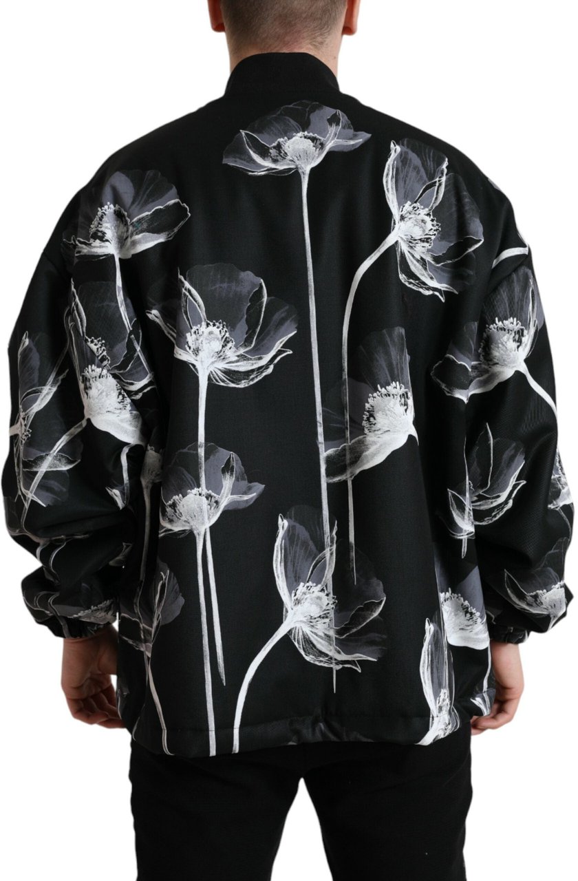 Dolce & Gabbana Black Floral Print Wool Button Down Bomber Jacket Zwart