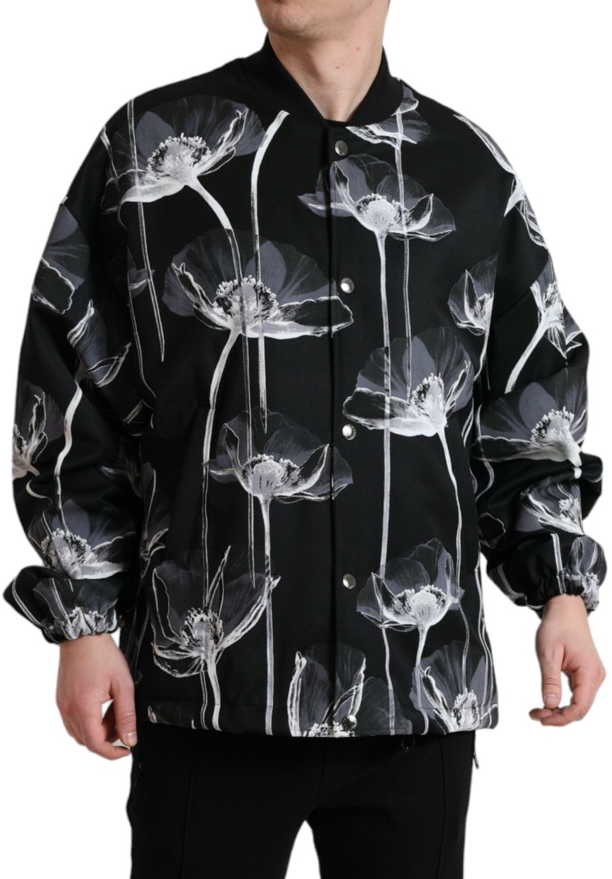 Dolce & Gabbana Black Floral Print Wool Button Down Bomber Jacket Zwart