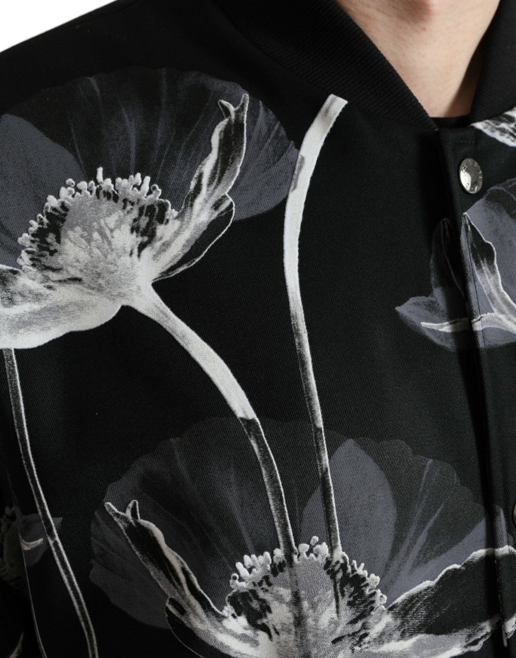 Dolce & Gabbana Black Floral Print Wool Button Down Bomber Jacket Zwart