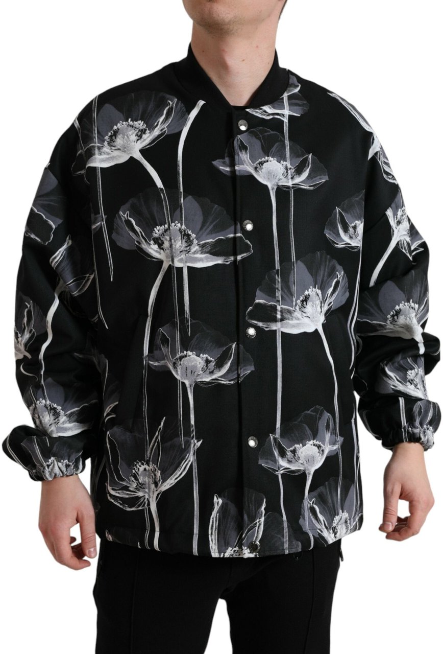 Dolce & Gabbana Black Floral Print Wool Button Down Bomber Jacket Zwart