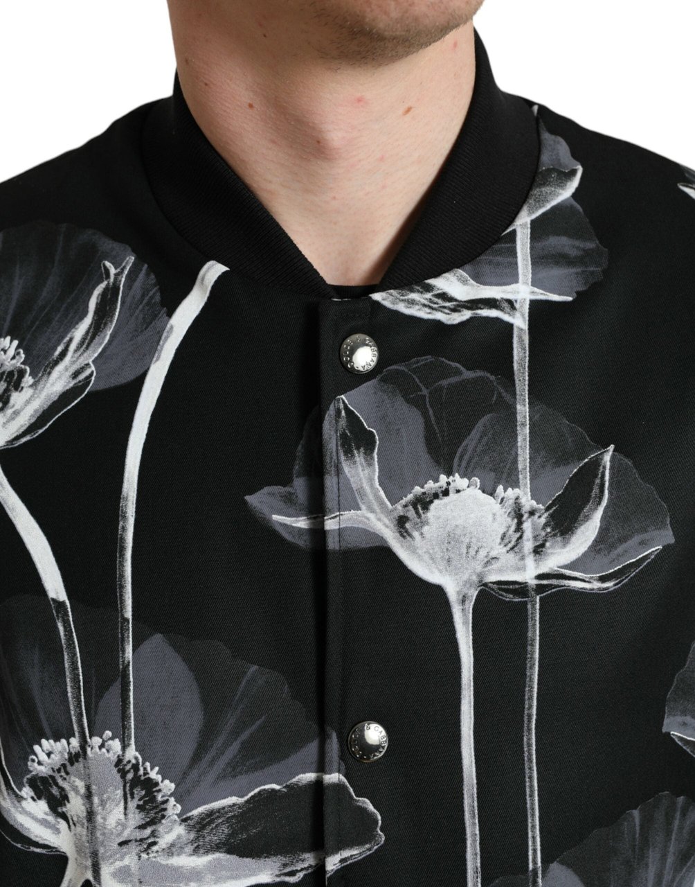 Dolce & Gabbana Black Floral Print Wool Button Down Bomber Jacket Zwart