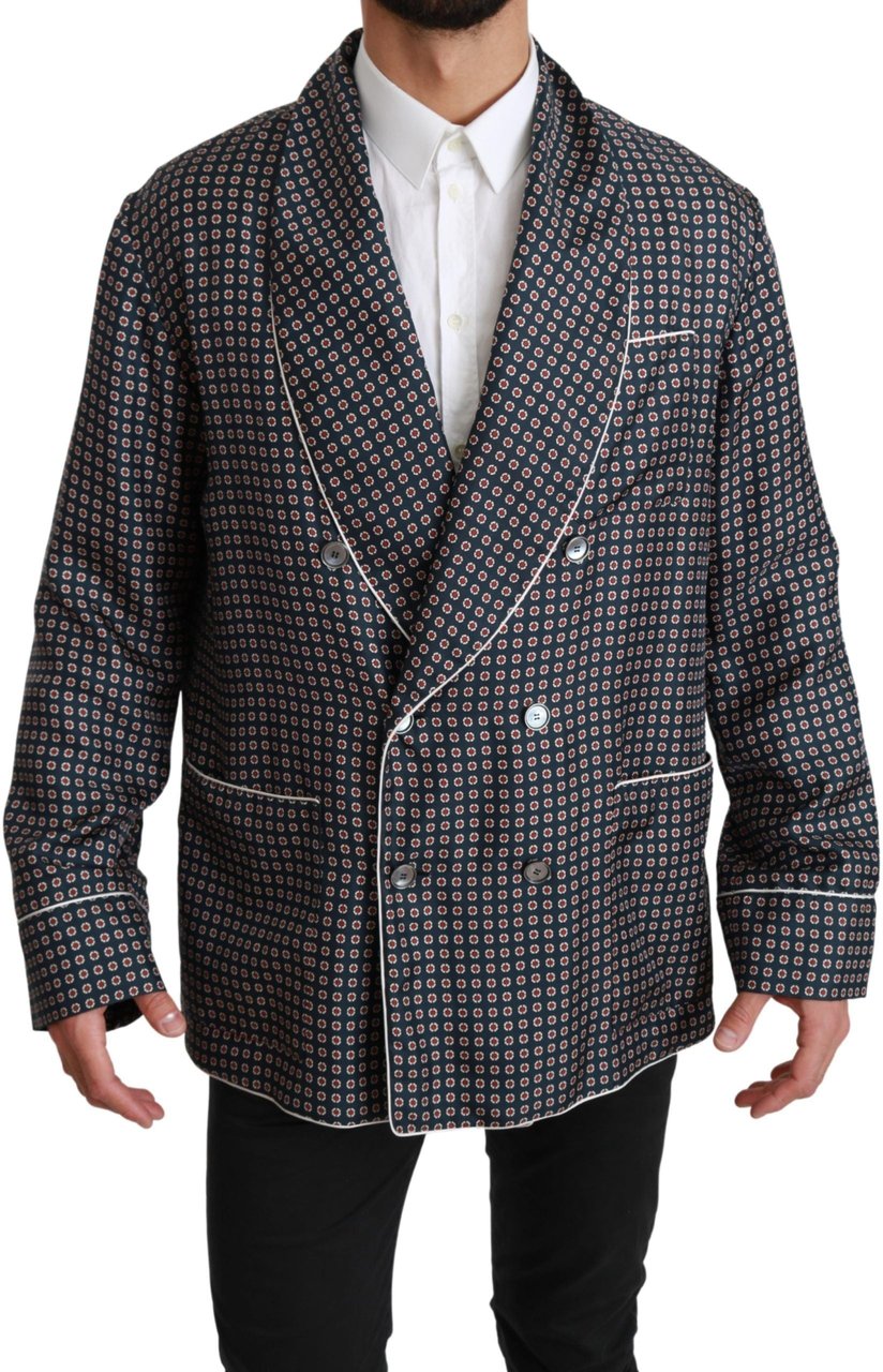 Dolce & Gabbana Navy Blue Patterned Double Breasted Coat Jacket Blauw