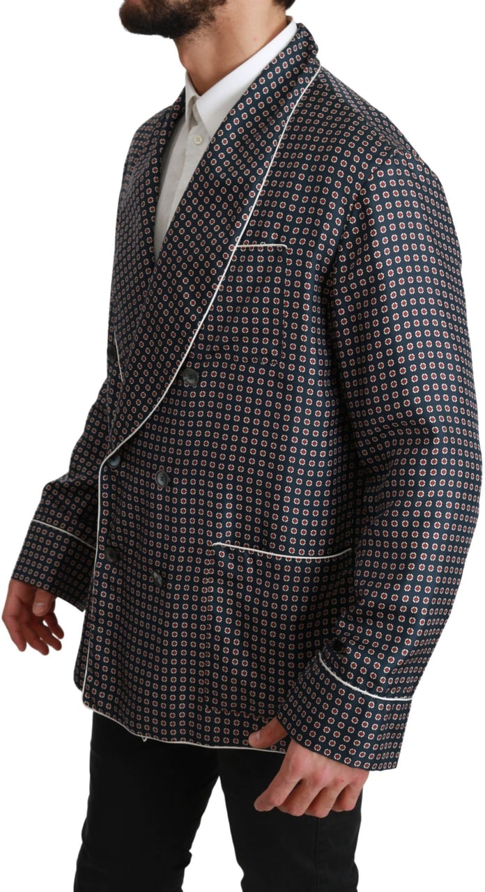 Dolce & Gabbana Navy Blue Patterned Double Breasted Coat Jacket Blauw