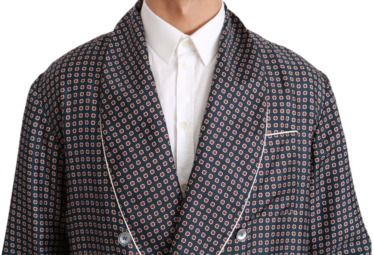 Dolce & Gabbana Navy Blue Patterned Double Breasted Coat Jacket Blauw