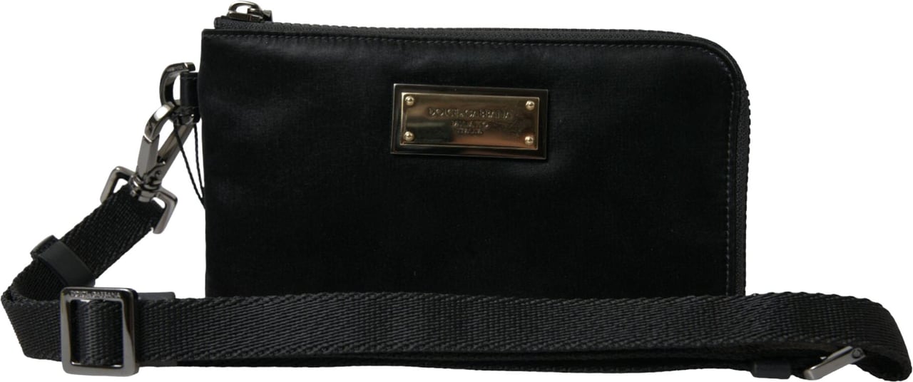 Dolce & Gabbana Black Nylon Logo Plaque Keyring Pouch Clutch Bag Zwart