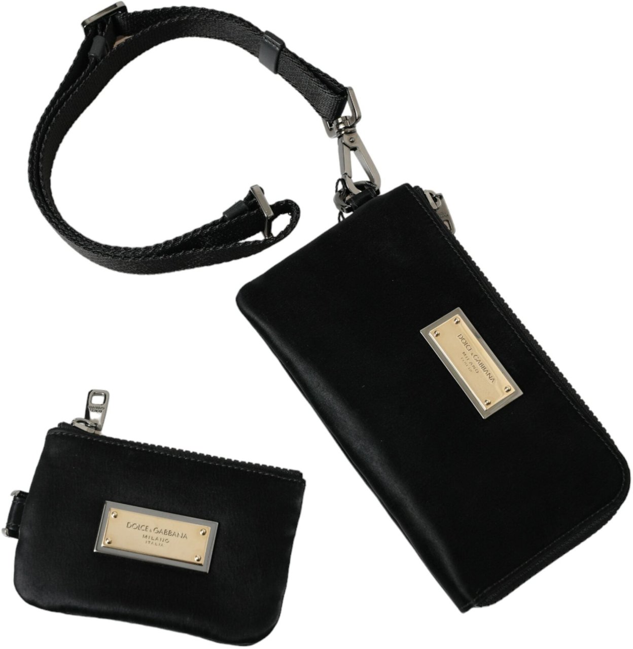 Dolce & Gabbana Black Nylon Logo Plaque Keyring Pouch Clutch Bag Zwart
