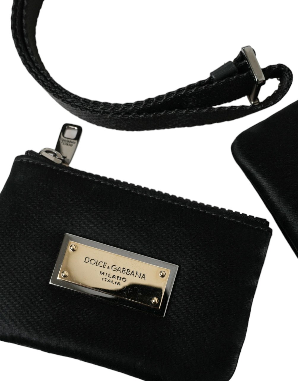 Dolce & Gabbana Black Nylon Logo Plaque Keyring Pouch Clutch Bag Zwart