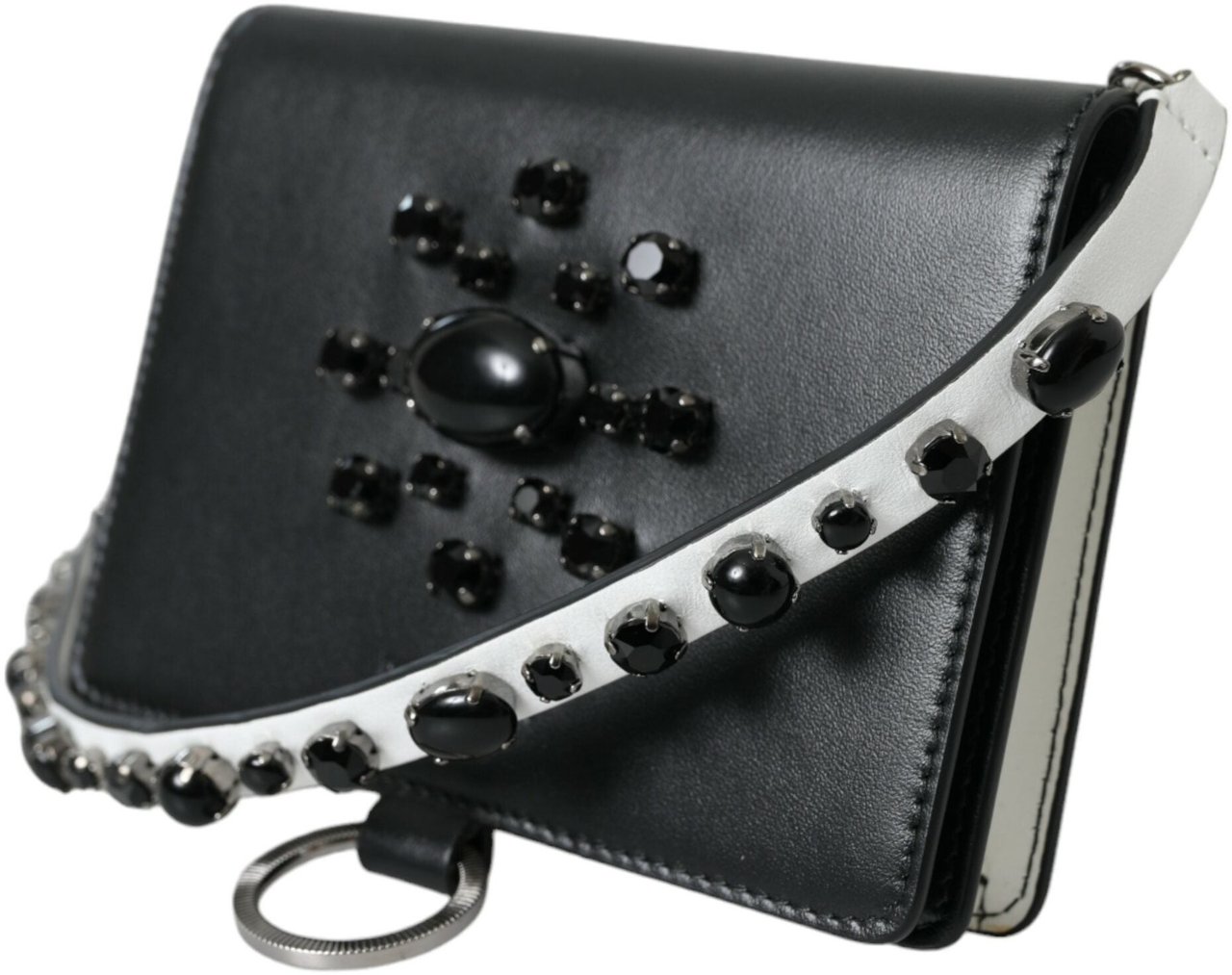 Dolce & Gabbana Black White Leather Crystal Embellished Cardholder Wallet Divers