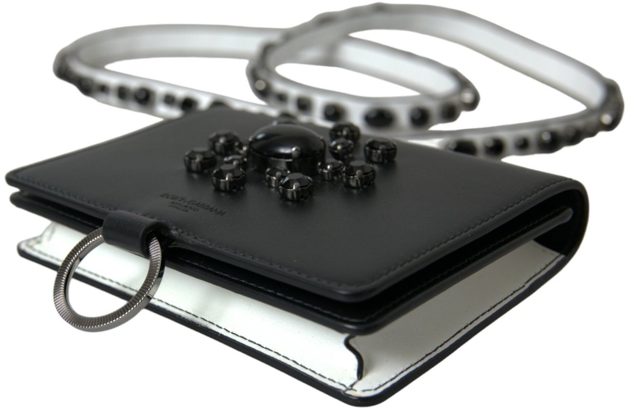 Dolce & Gabbana Black White Leather Crystal Embellished Cardholder Wallet Divers