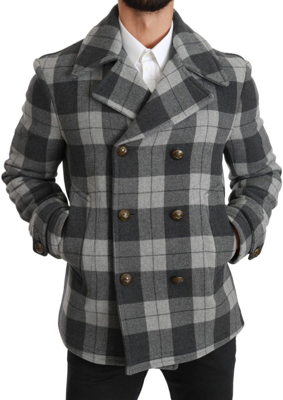 Dolce & Gabbana Gray Check Wool Cashmere Coat Jacket Grijs
