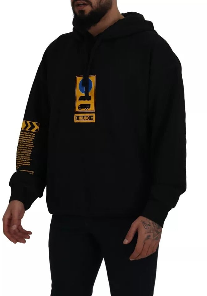 Dolce & Gabbana Black Cotton Logo Hooded Sweatshirt Sweater Zwart