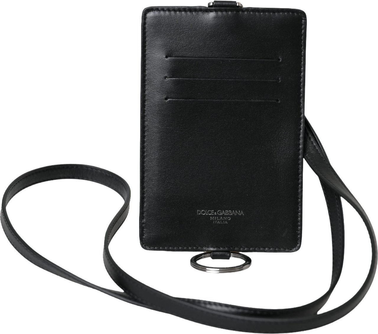 Dolce & Gabbana Black Calf Leather Lanyard Logo Card Holder Men Wallet Zwart