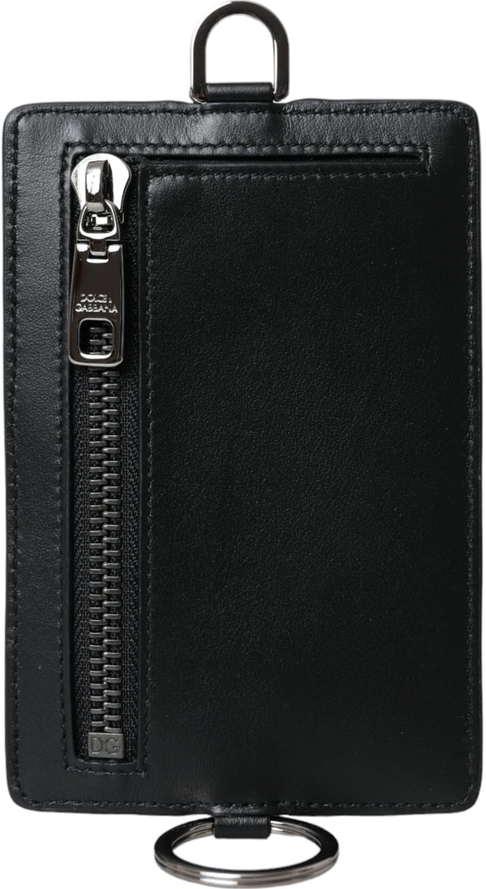 Dolce & Gabbana Black Calf Leather Lanyard Logo Card Holder Men Wallet Zwart