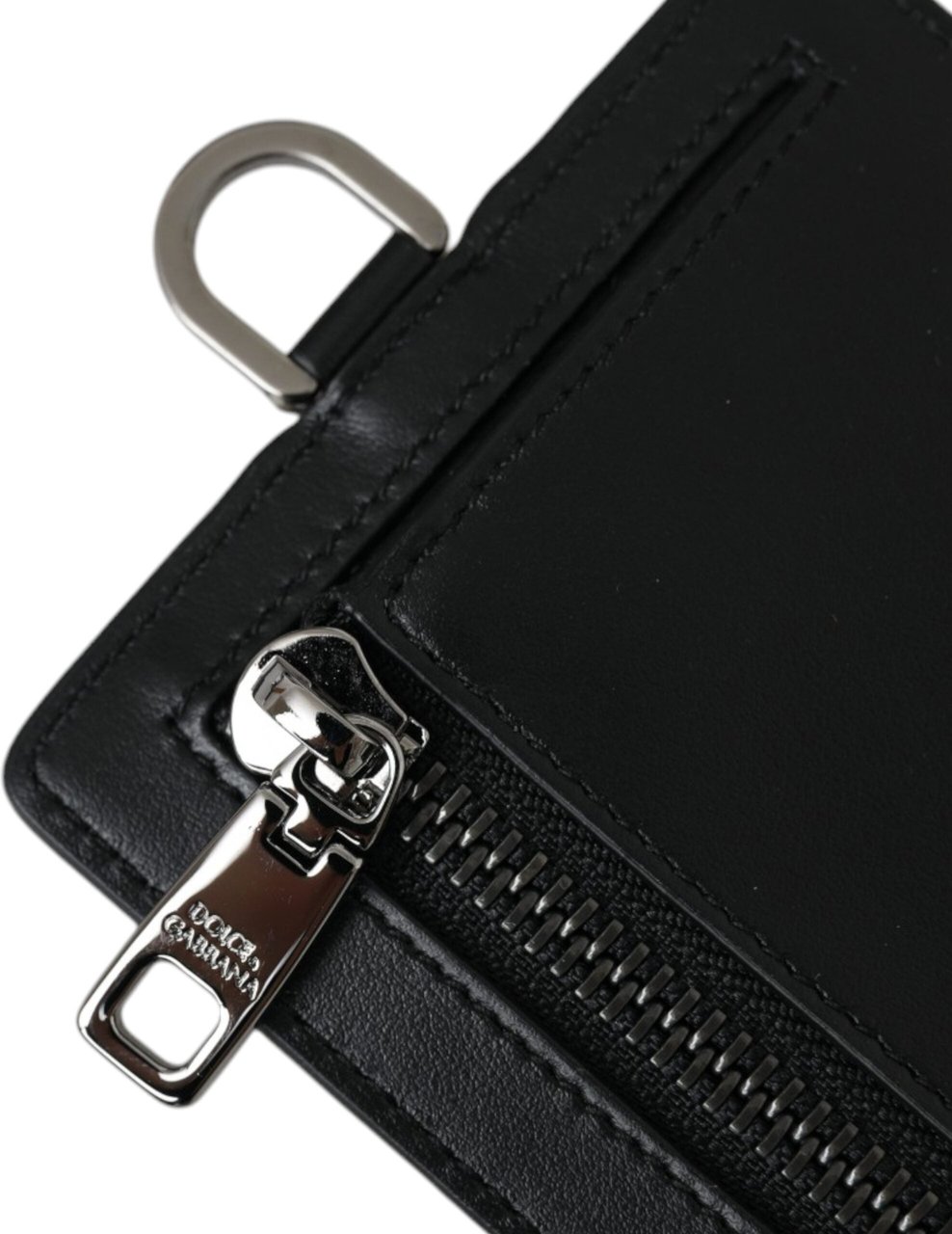 Dolce & Gabbana Black Calf Leather Lanyard Logo Card Holder Men Wallet Zwart