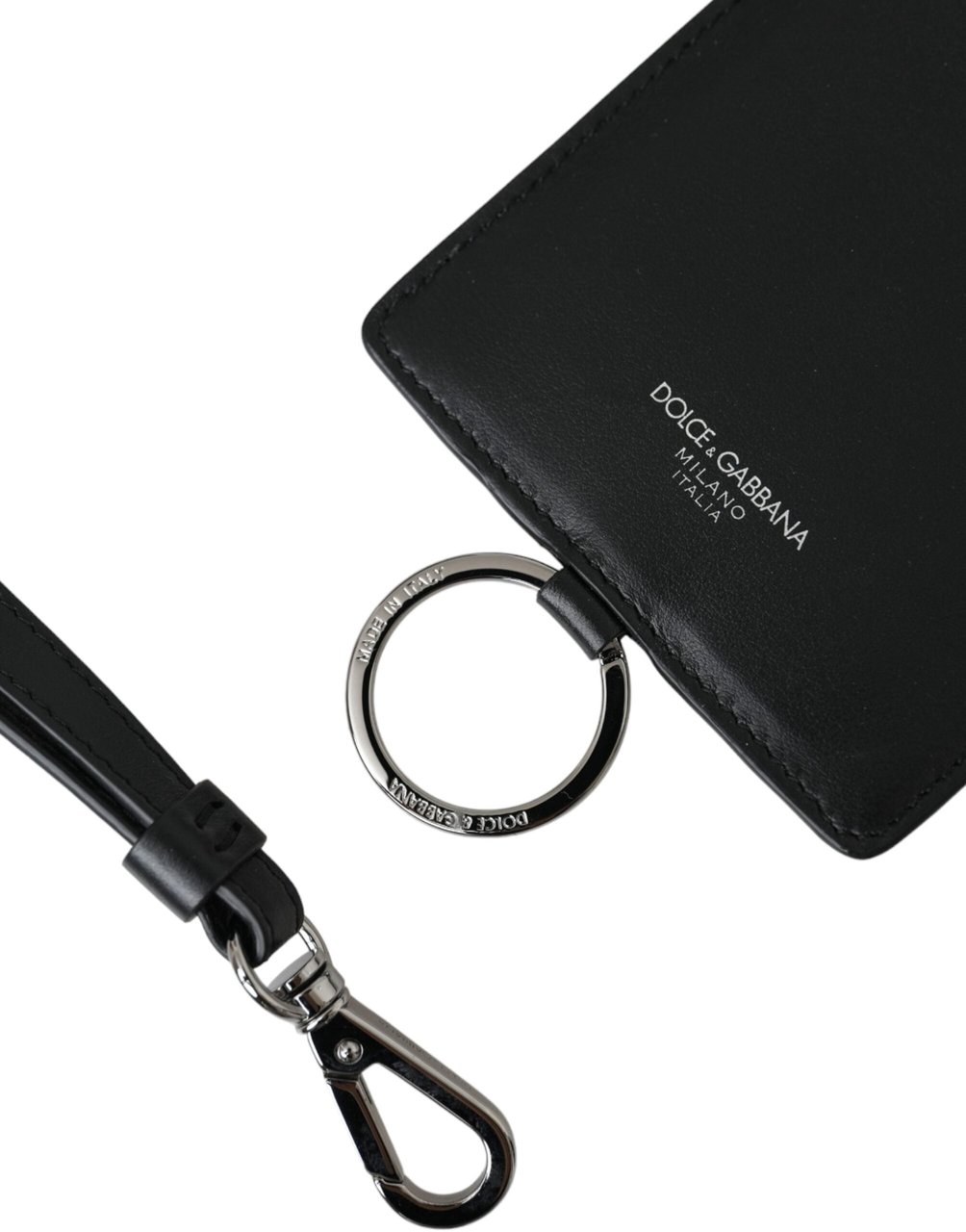Dolce & Gabbana Black Calf Leather Lanyard Logo Card Holder Men Wallet Zwart