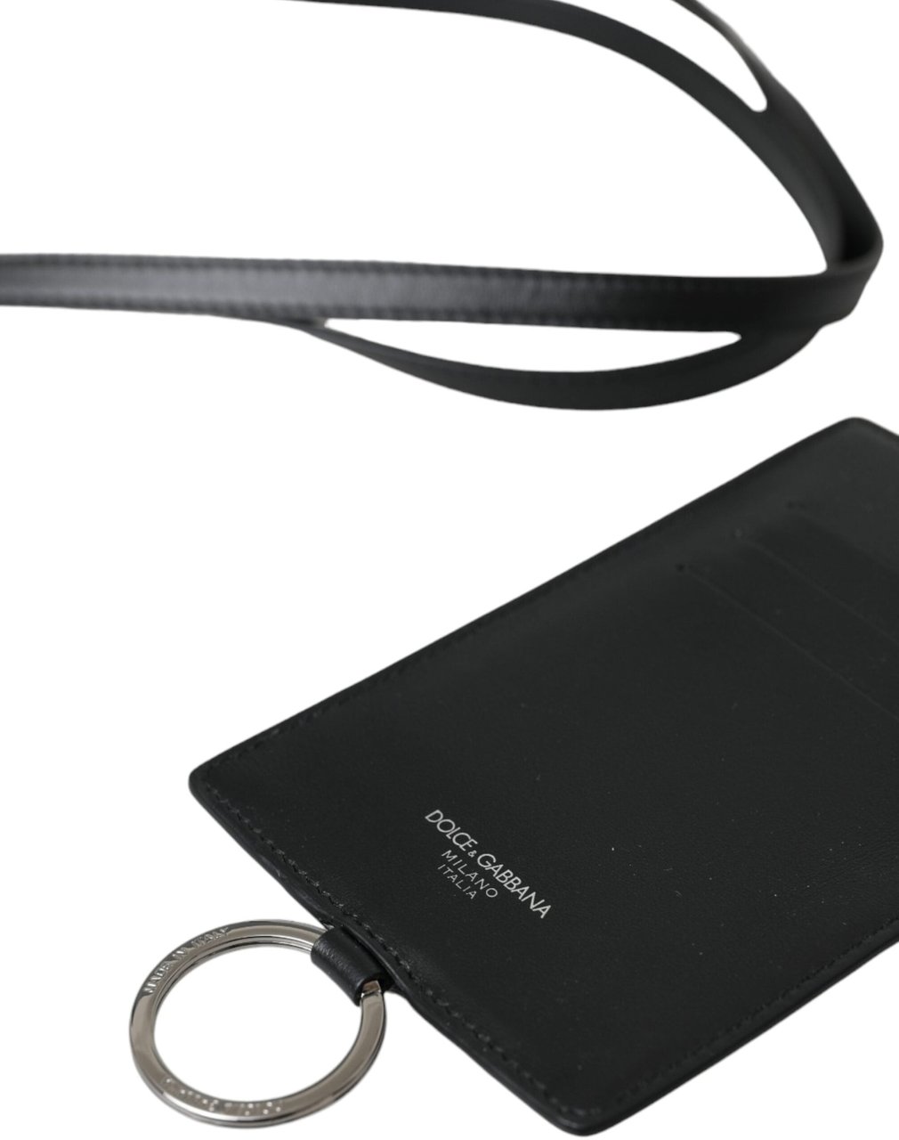 Dolce & Gabbana Black Calf Leather Lanyard Logo Card Holder Men Wallet Zwart