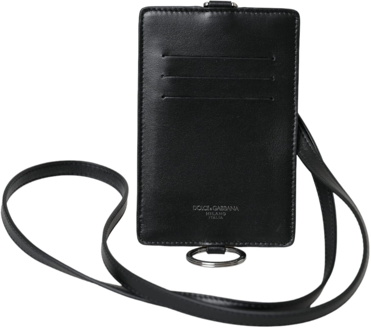 Dolce & Gabbana Black Calf Leather Lanyard Logo Card Holder Men Wallet Zwart