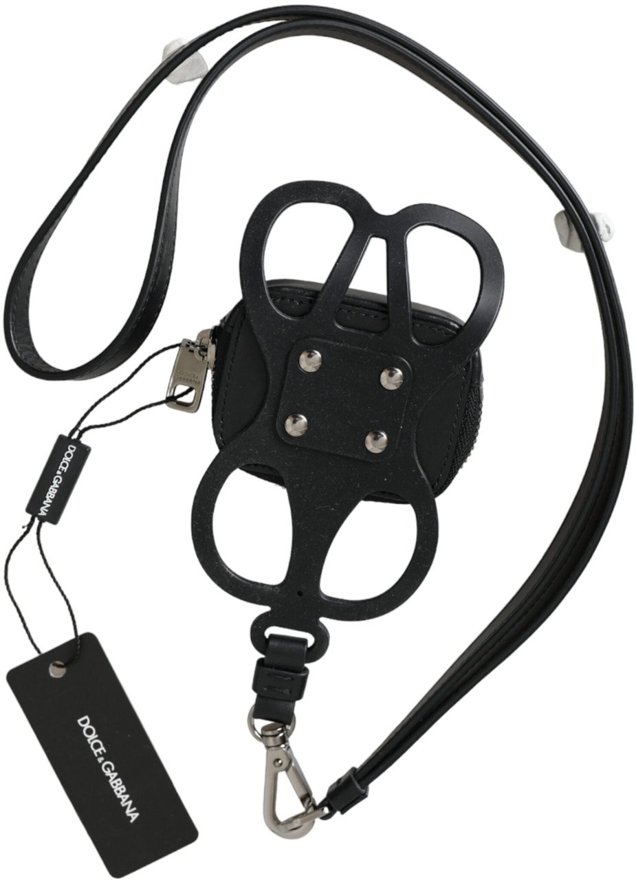 Dolce & Gabbana Black Calfskin Leather DG Logo Coin Purse Lanyard Wallet Zwart