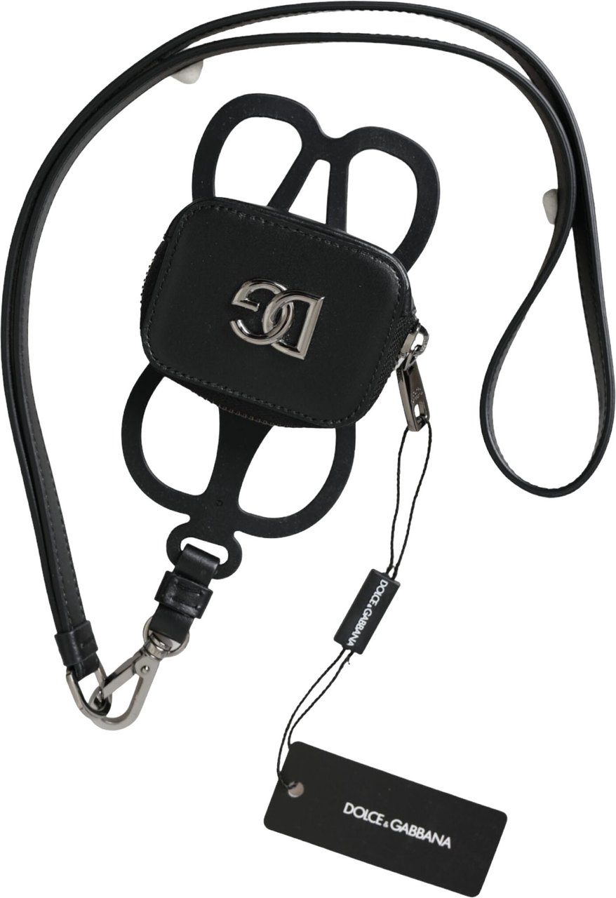 Dolce & Gabbana Black Calfskin Leather DG Logo Coin Purse Lanyard Wallet Zwart