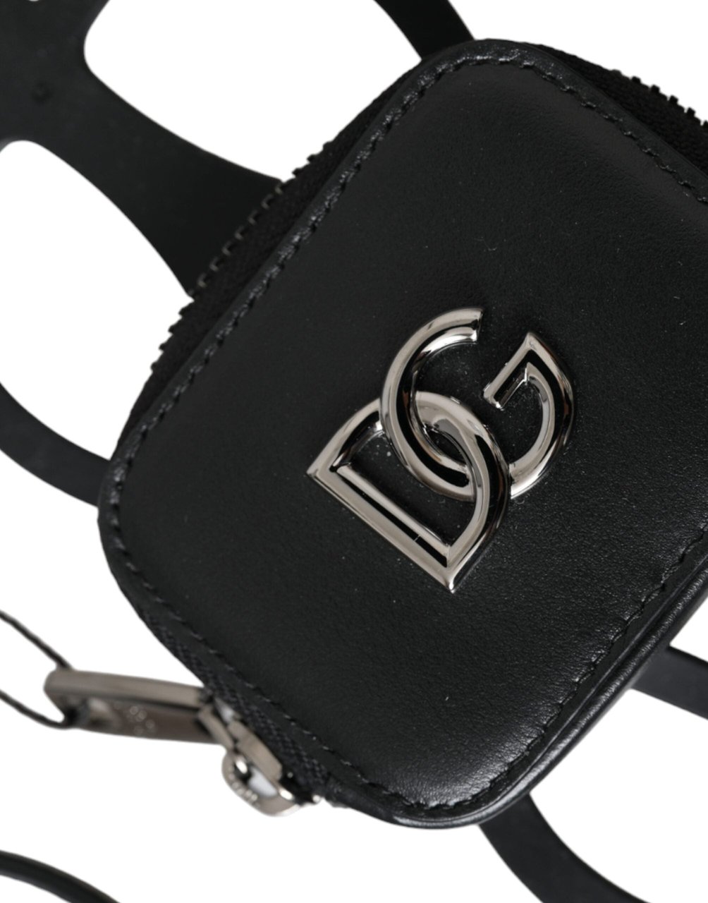 Dolce & Gabbana Black Calfskin Leather DG Logo Coin Purse Lanyard Wallet Zwart
