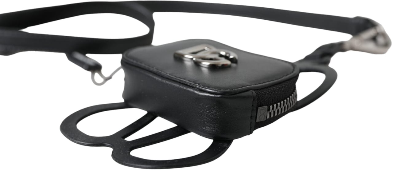Dolce & Gabbana Black Calfskin Leather DG Logo Coin Purse Lanyard Wallet Zwart