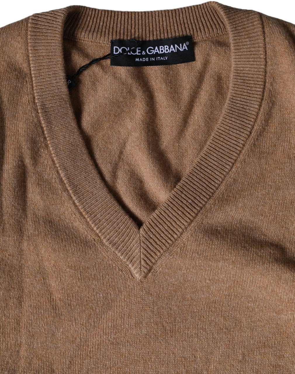 Dolce & Gabbana Brown Cashmere Knit V-neck Pullover Sweater Geel