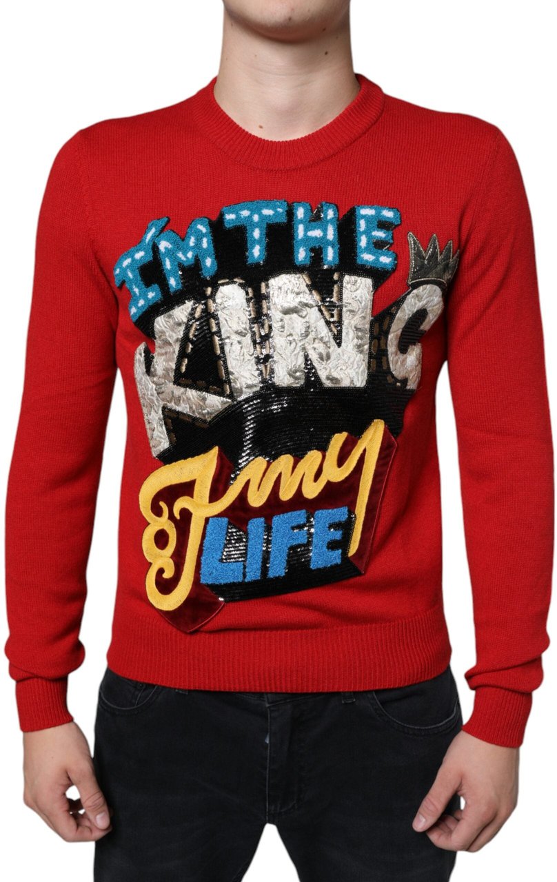 Dolce & Gabbana Red I'm The King Wool Crew Neck Sweatshirt Sweater Rood