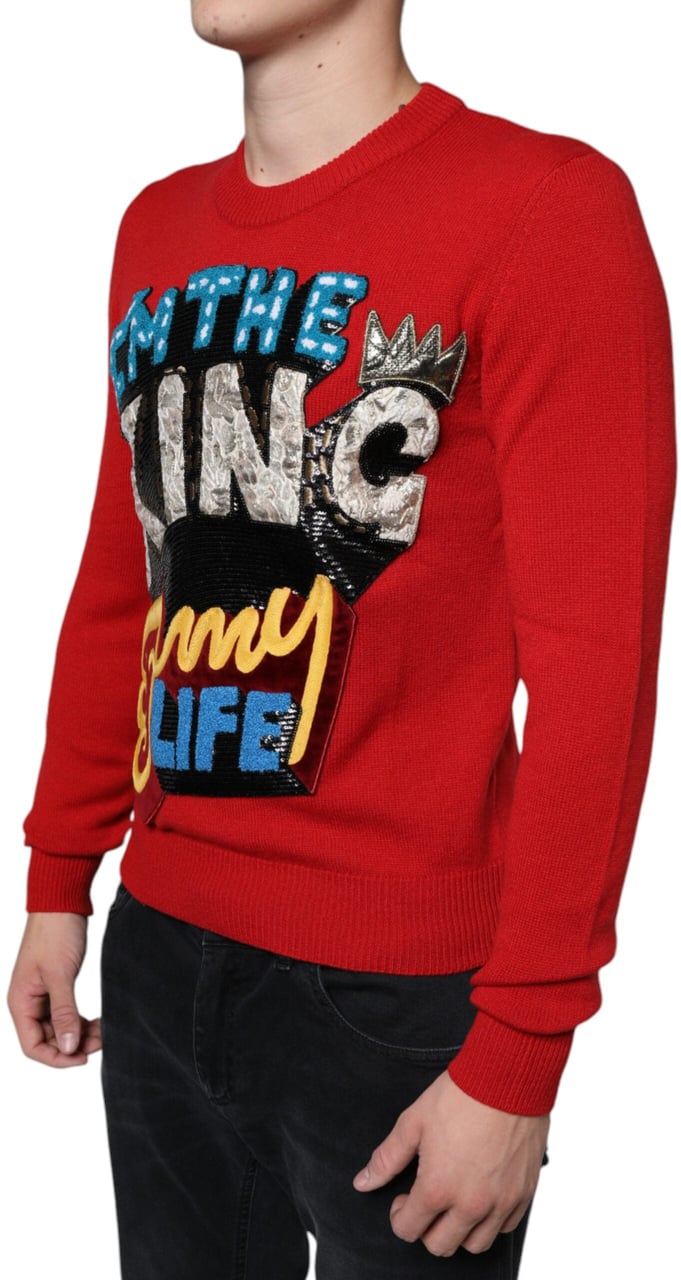 Dolce & Gabbana Red I'm The King Wool Crew Neck Sweatshirt Sweater Rood