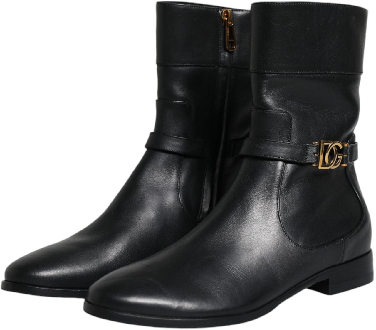 Dolce & Gabbana Black Leather Logo Mid Calf Boots Shoes Zwart