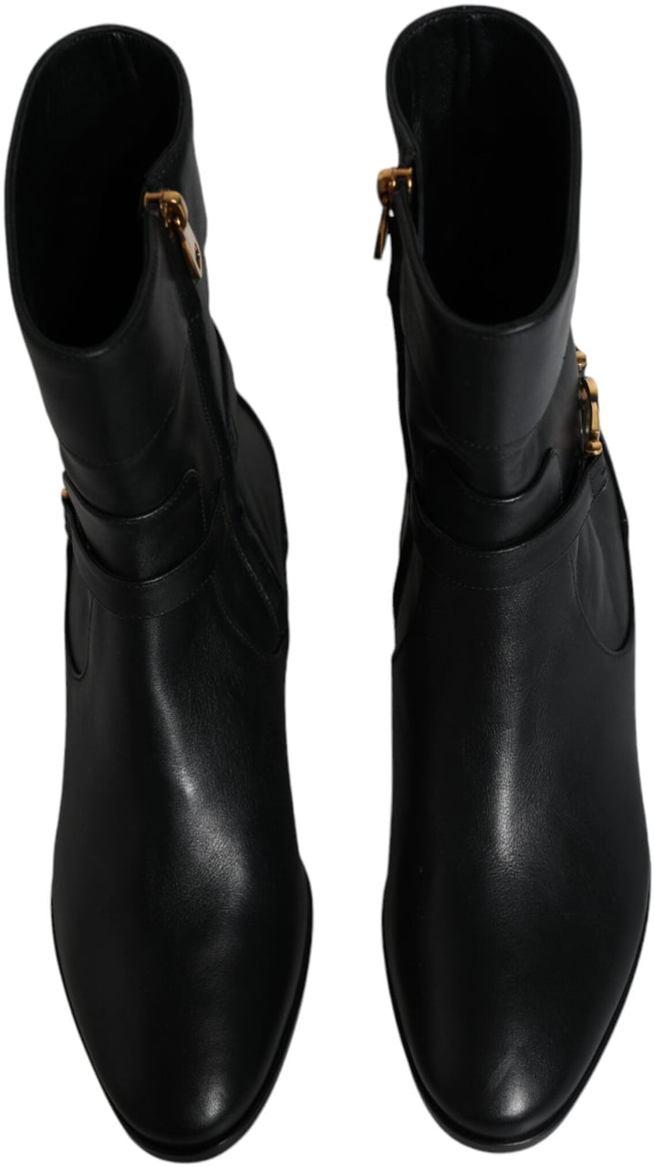 Dolce & Gabbana Black Leather Logo Mid Calf Boots Shoes Zwart