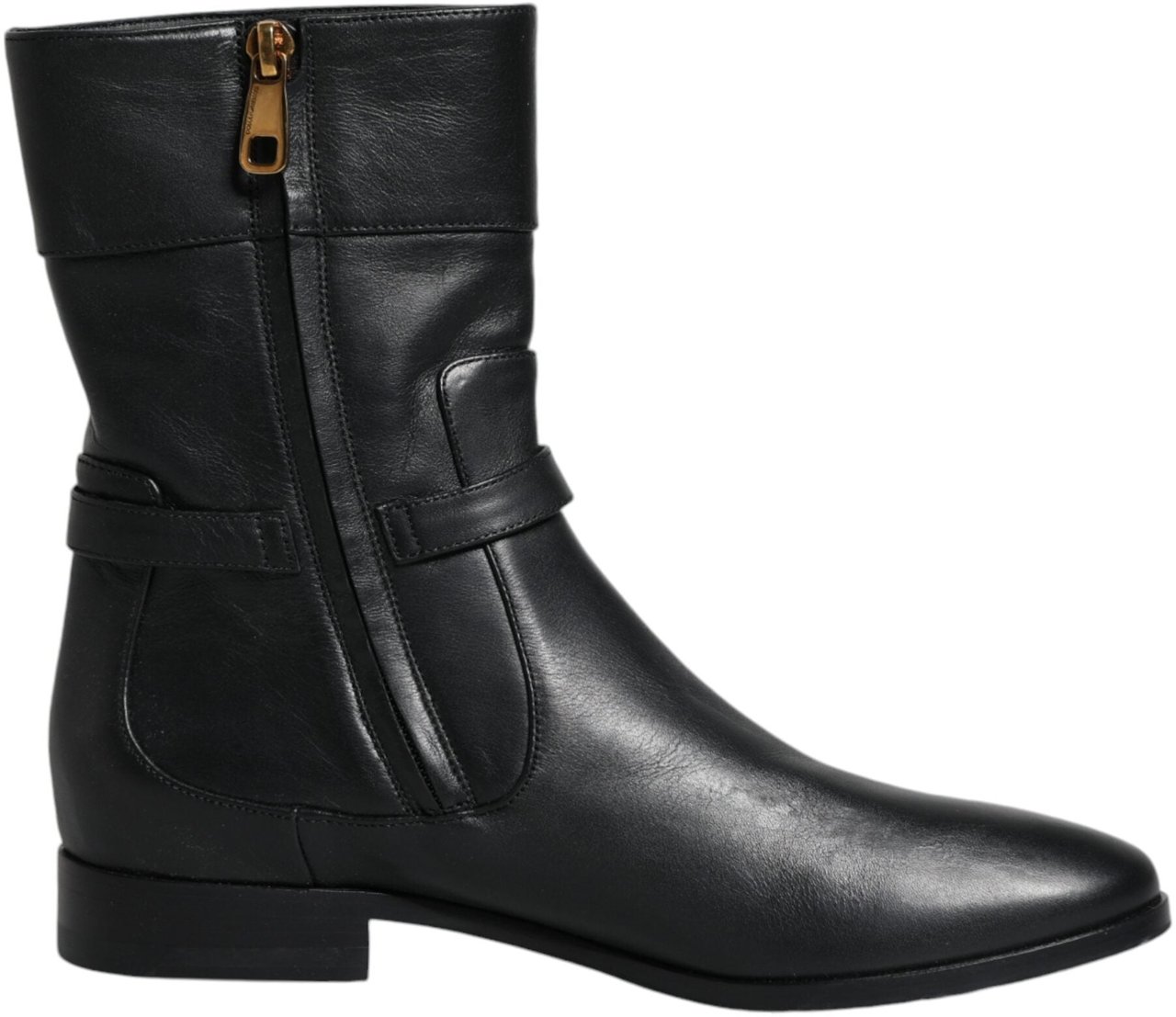 Dolce & Gabbana Black Leather Logo Mid Calf Boots Shoes Zwart