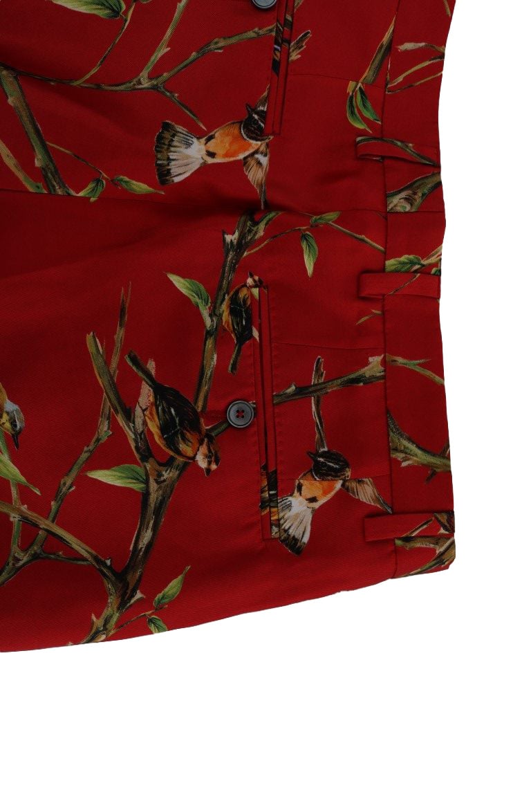 Dolce & Gabbana Red Silk Bird Print Dress Pants Rood