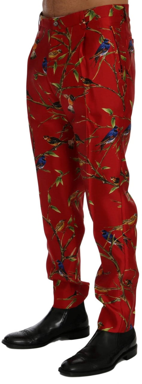 Dolce & Gabbana Red Silk Bird Print Dress Pants Rood