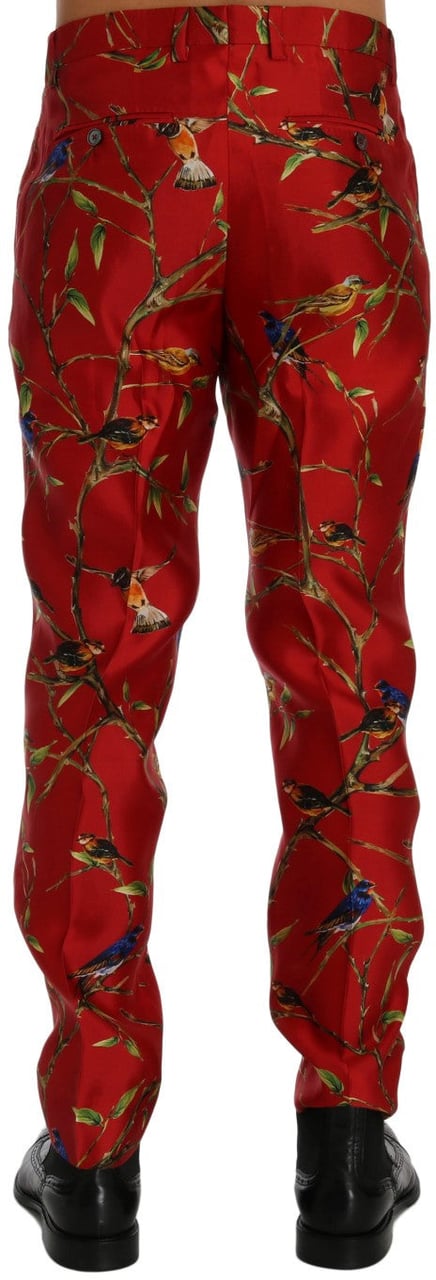 Dolce & Gabbana Red Silk Bird Print Dress Pants Rood