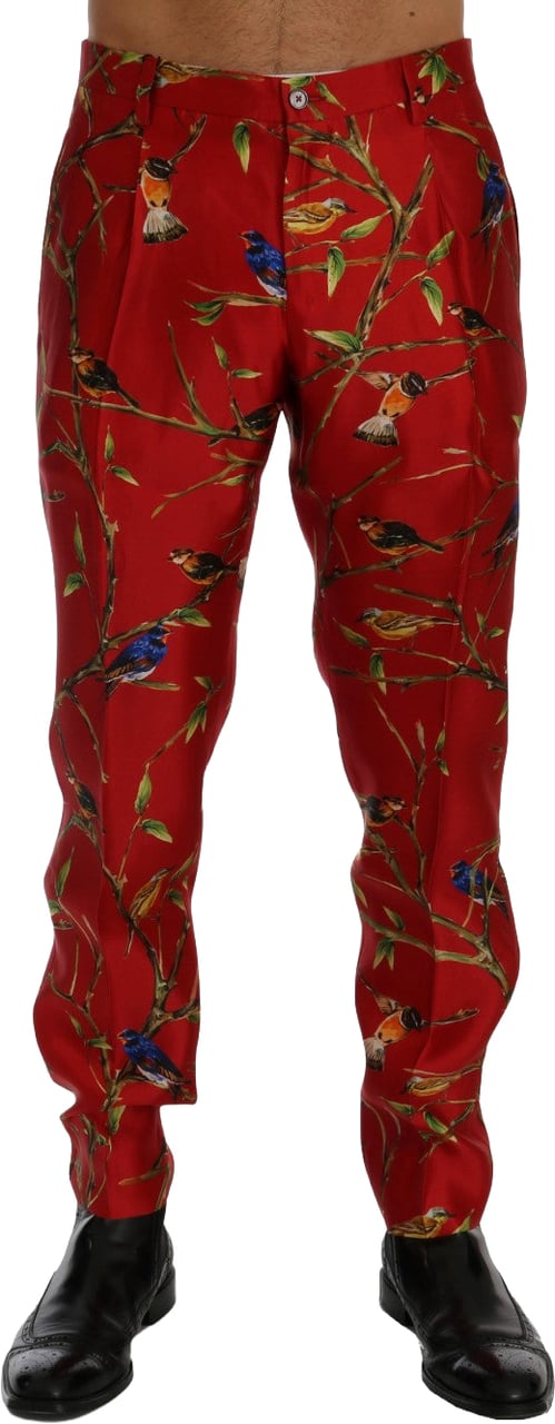 Dolce & Gabbana Red Silk Bird Print Dress Pants Rood
