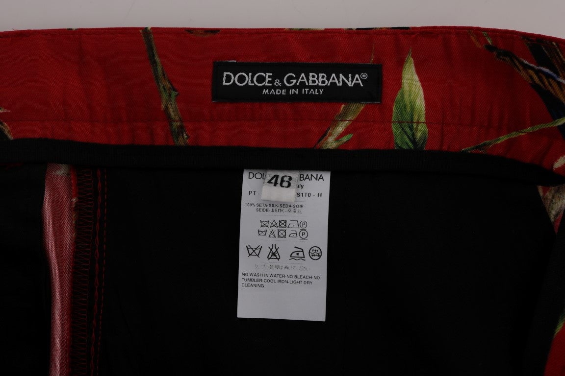 Dolce & Gabbana Red Silk Bird Print Dress Pants Rood
