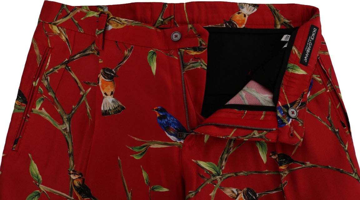 Dolce & Gabbana Red Silk Bird Print Dress Pants Rood