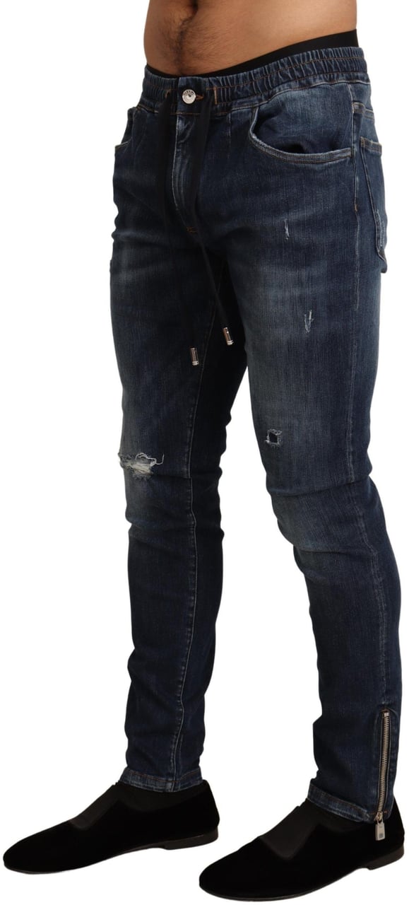 Dolce & Gabbana Blue Cotton Stretch Tattered Denim Jeans Blauw