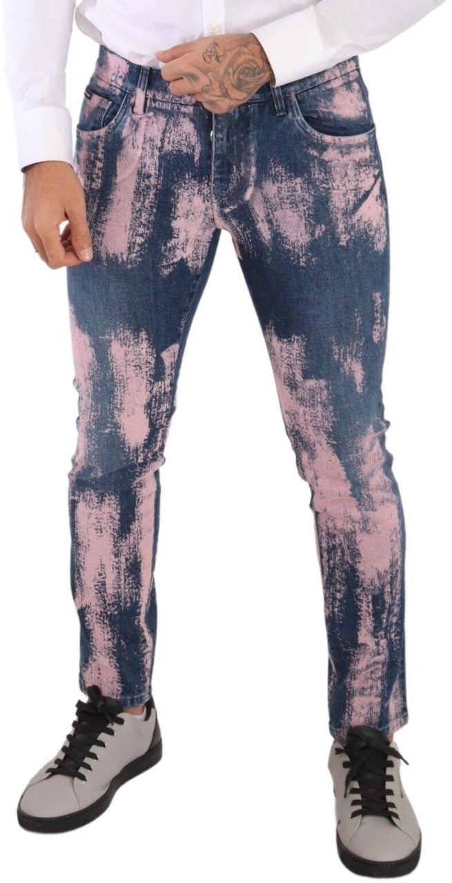 Dolce & Gabbana Blue Pink Tie Dye Cotton Skinny Denim Jeans Blauw