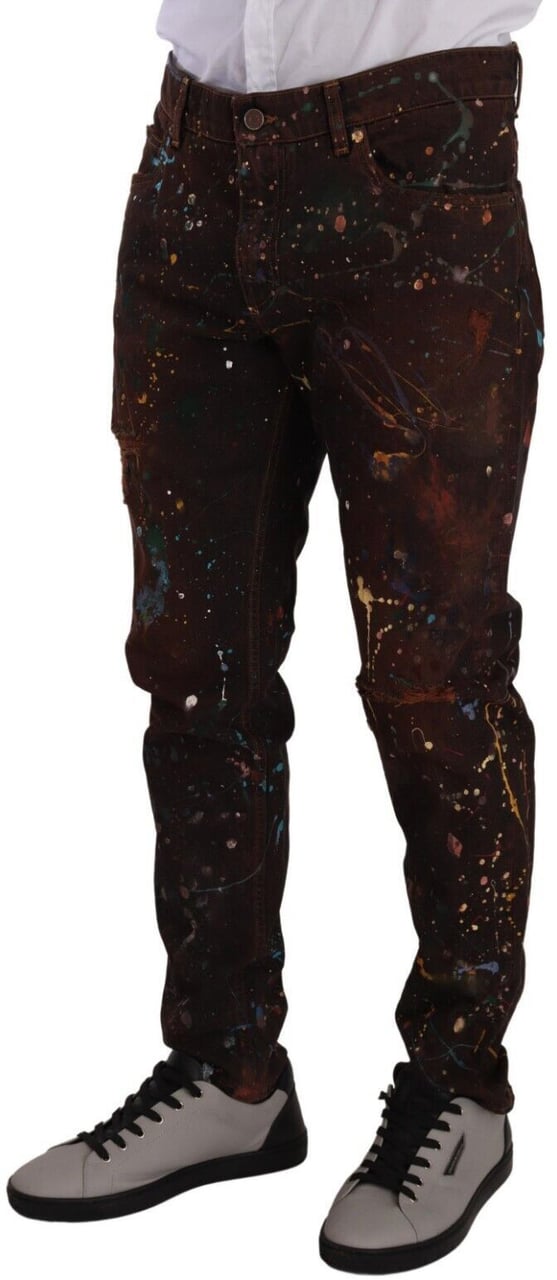 Dolce & Gabbana Brown Splash Color Cotton Regular Denim Jeans Bruin