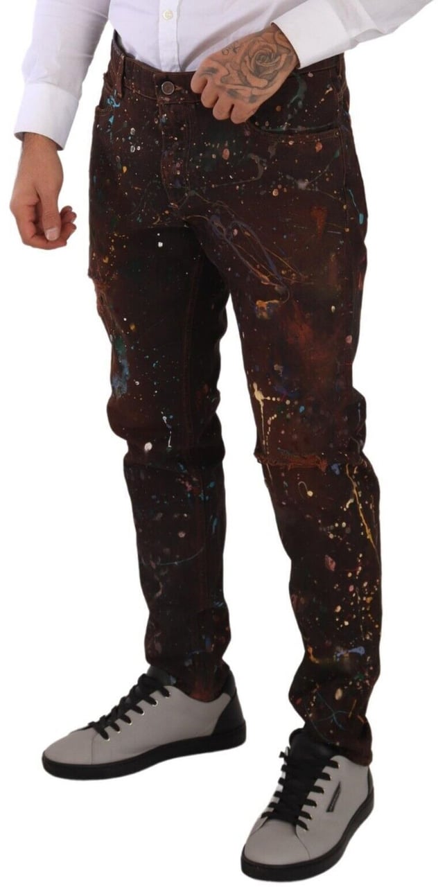 Dolce & Gabbana Brown Splash Color Cotton Regular Denim Jeans Bruin