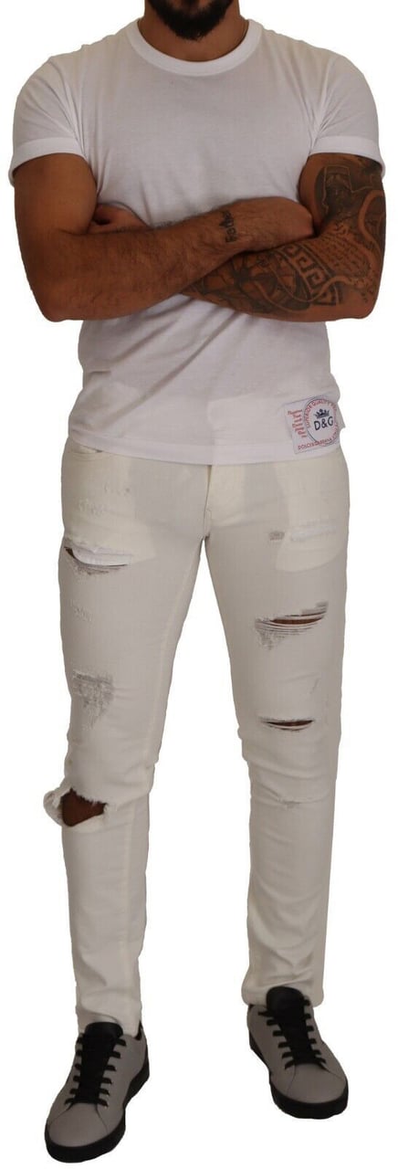 Dolce & Gabbana White Tattered Skinny Cotton Men Denim Jeans Wit