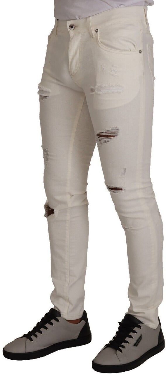 Dolce & Gabbana White Tattered Skinny Cotton Men Denim Jeans Wit
