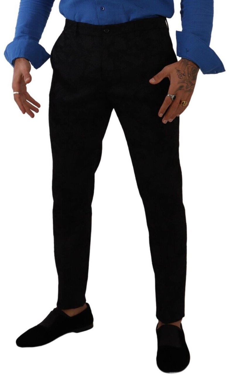 Dolce & Gabbana Black Brocade Skinny Formal Trouser Dress Pants Zwart