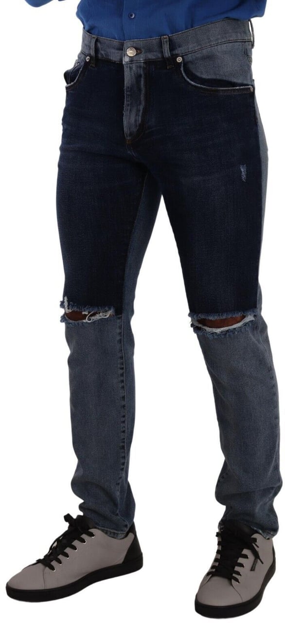 Dolce & Gabbana Blue Two Tone Tattered Cotton Slim Denim Jeans Blauw
