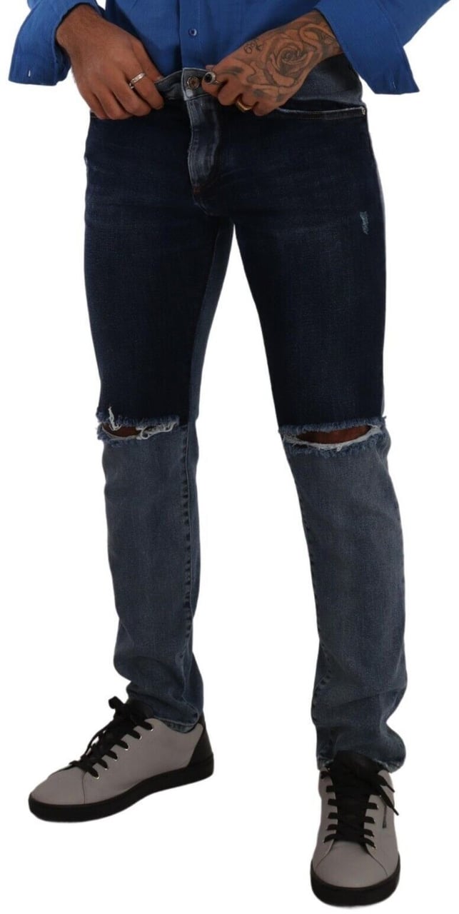 Dolce & Gabbana Blue Two Tone Tattered Cotton Slim Denim Jeans Blauw